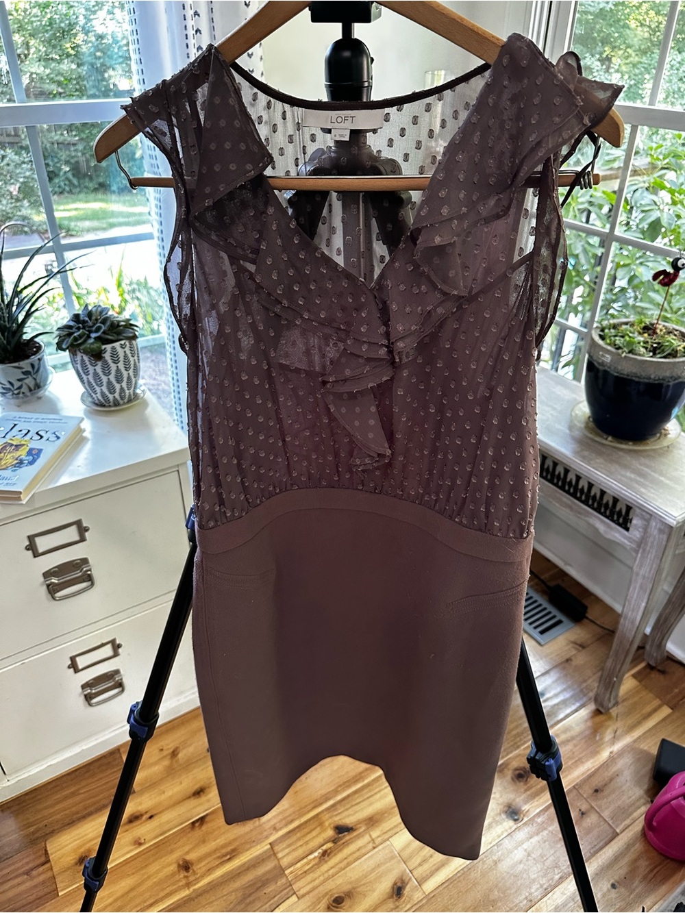 LOFT Brown Swiss-Dot Midi Dress